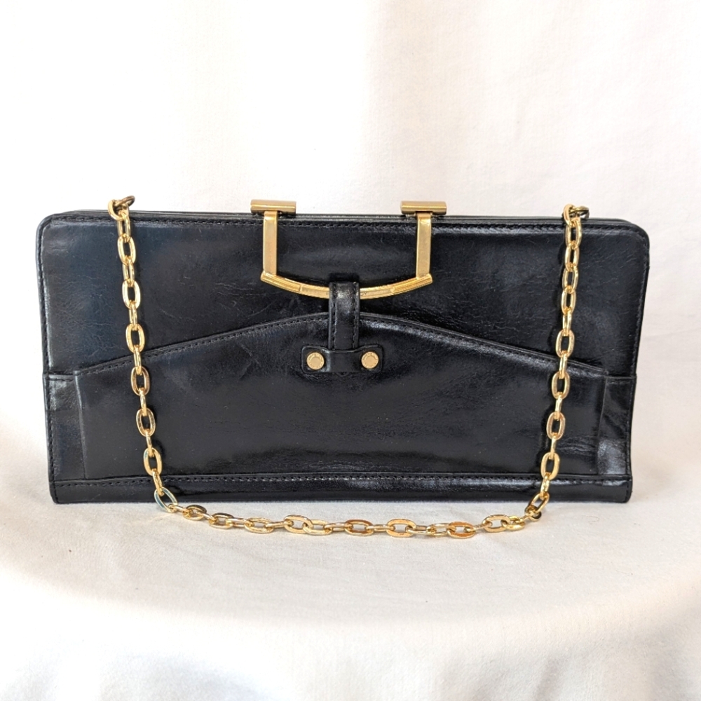 Ellen Tracy black leather clutch bag purse gold chain straps and snap closure